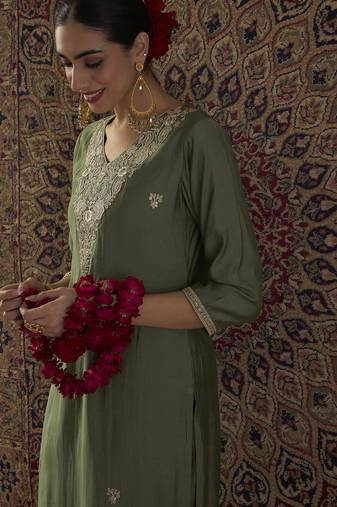 Green embroidered silk kurta trouser set