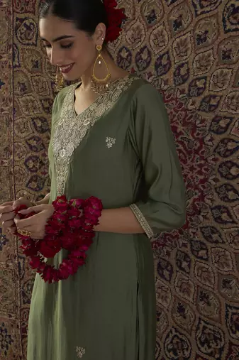 Green embroidered silk kurta trouser set