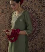 Green embroidered silk kurta trouser set