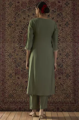 Green embroidered silk kurta trouser set