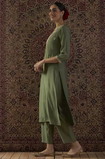 Green embroidered silk kurta trouser set