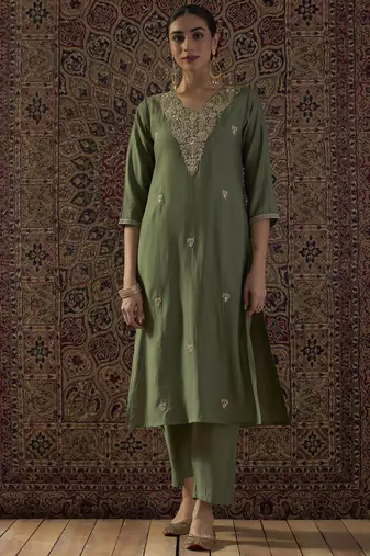 Green embroidered silk kurta trouser set