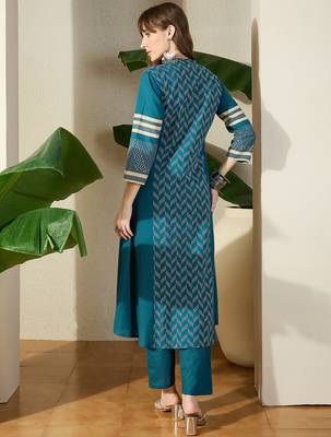 Teal printed pure cotton kurta trouser set 2
