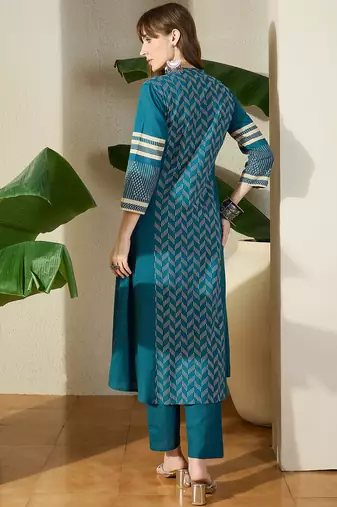 Teal printed pure cotton kurta trouser set
