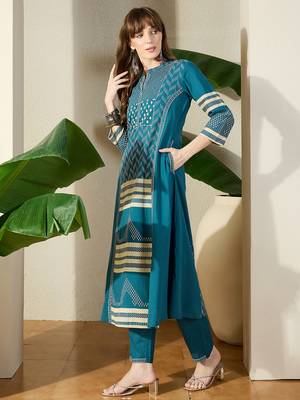 Teal printed pure cotton kurta trouser set 3