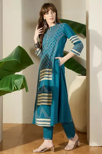 Teal printed pure cotton kurta trouser set