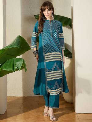 Teal printed pure cotton kurta trouser set 4