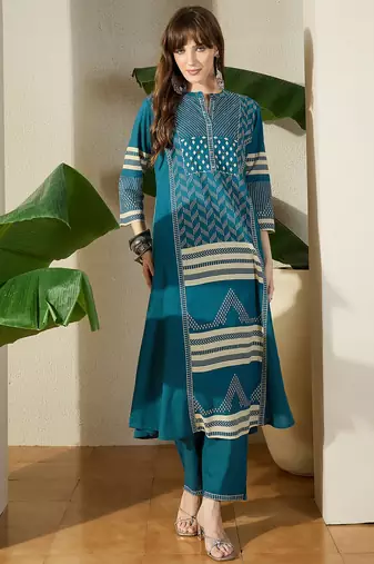 Teal printed pure cotton kurta trouser set