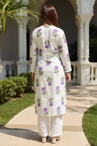 White printed pure cotton kurta trouser set