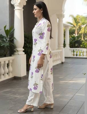 White printed pure cotton kurta trouser set 3