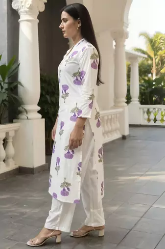 White printed pure cotton kurta trouser set