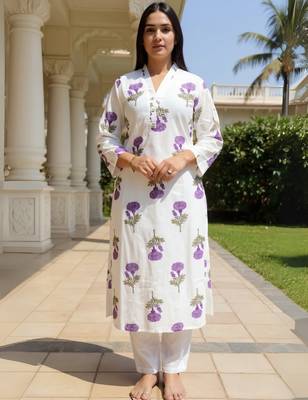 White printed pure cotton kurta trouser set 4