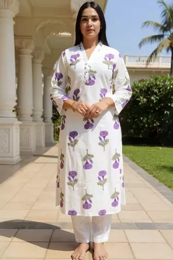 White printed pure cotton kurta trouser set