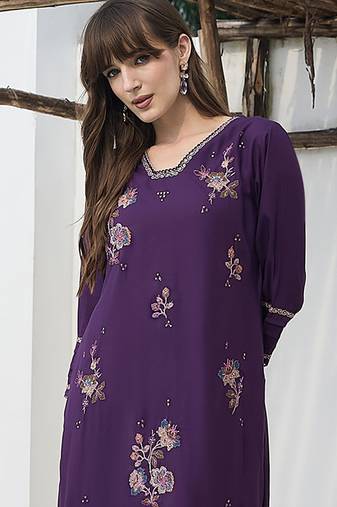 Purple embroidered viscose rayon kurta trouser set