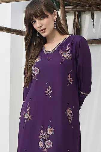 Purple embroidered viscose rayon kurta trouser set