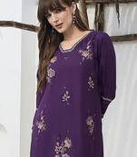Purple embroidered viscose rayon kurta trouser set