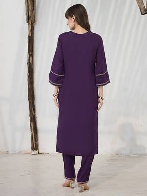 Purple embroidered viscose rayon kurta trouser set 2