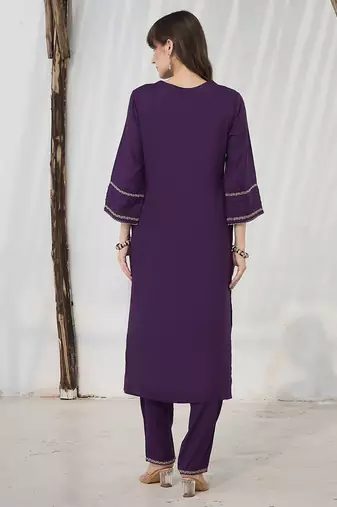 Purple embroidered viscose rayon kurta trouser set