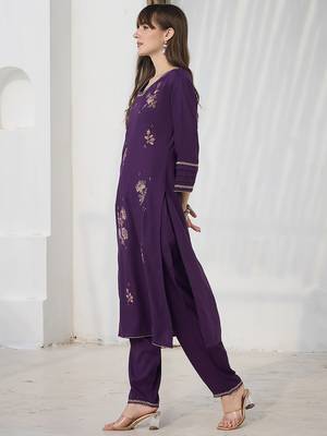 Purple embroidered viscose rayon kurta trouser set 3