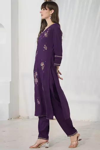 Purple embroidered viscose rayon kurta trouser set