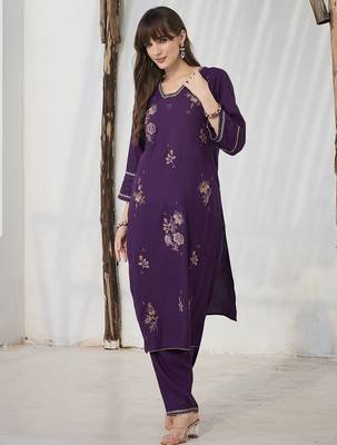 Purple embroidered viscose rayon kurta trouser set 4
