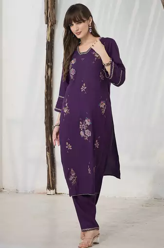 Purple embroidered viscose rayon kurta trouser set