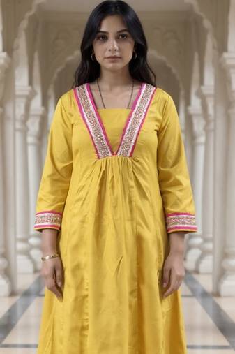 Yellow embroidered pure cotton kurta trouser set