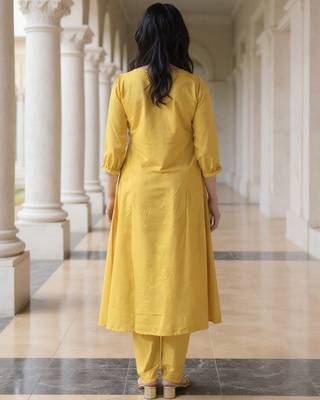 Yellow embroidered pure cotton kurta trouser set 2