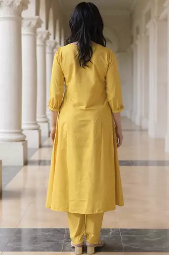 Yellow embroidered pure cotton kurta trouser set