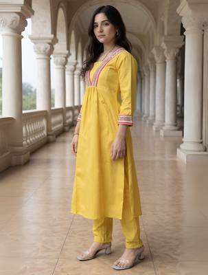Yellow embroidered pure cotton kurta trouser set 3
