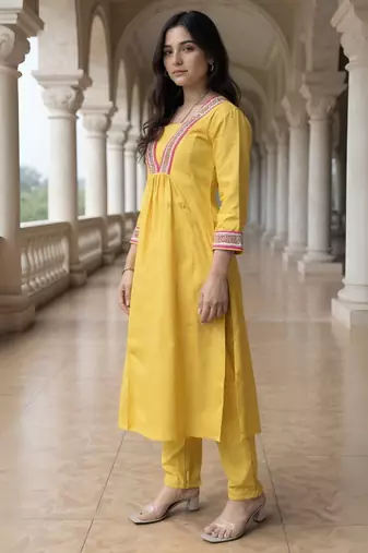 Yellow embroidered pure cotton kurta trouser set