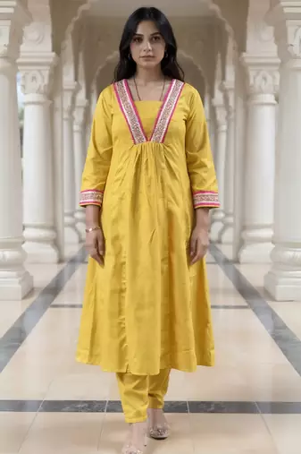 Yellow embroidered pure cotton kurta trouser set