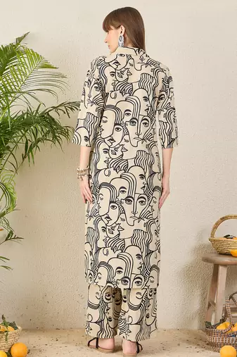 Cream printed pure cotton kurta trouser set