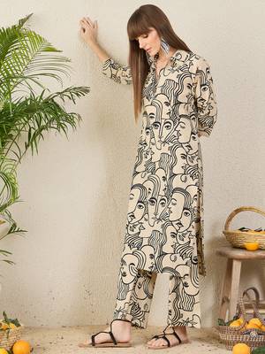 Cream printed pure cotton kurta trouser set 3