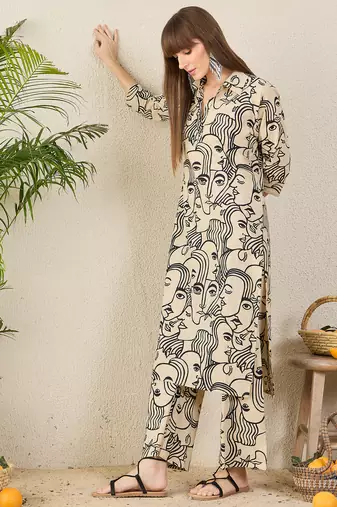 Cream printed pure cotton kurta trouser set
