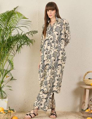 Cream printed pure cotton kurta trouser set 4