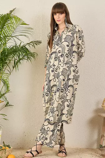 Cream printed pure cotton kurta trouser set