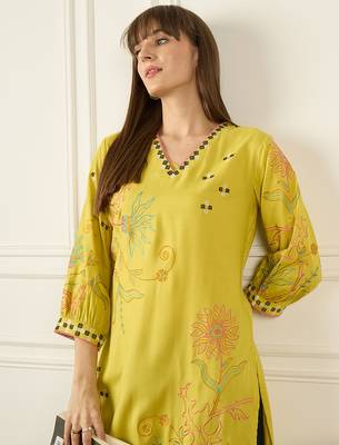 Yellow embroidered viscose rayon kurta trouser set 1
