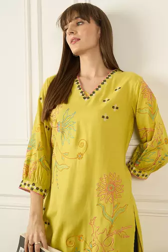 Yellow embroidered viscose rayon kurta trouser set