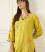 Yellow embroidered viscose rayon kurta trouser set