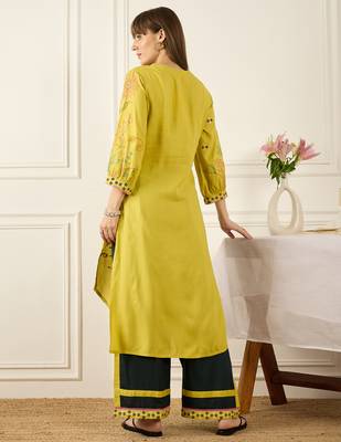 Yellow embroidered viscose rayon kurta trouser set 2