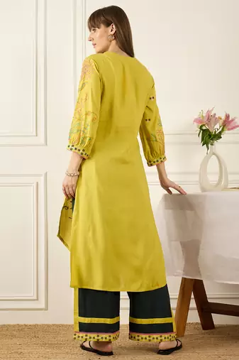 Yellow embroidered viscose rayon kurta trouser set