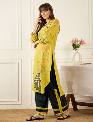 Yellow embroidered viscose rayon kurta trouser set 3