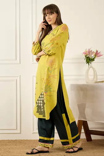 Yellow embroidered viscose rayon kurta trouser set