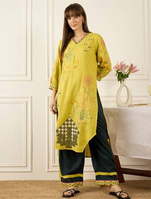Yellow embroidered viscose rayon kurta trouser set 4