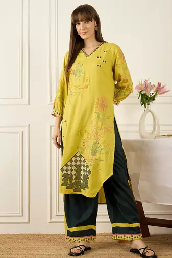 Yellow embroidered viscose rayon kurta trouser set