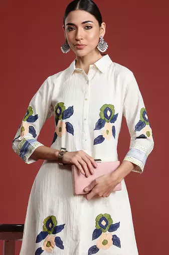 Off white printed pure cotton kurta trouser set