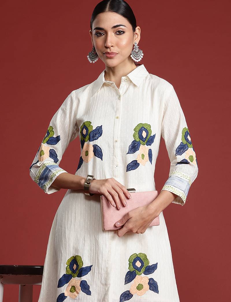 Off white printed pure cotton kurta trouser set