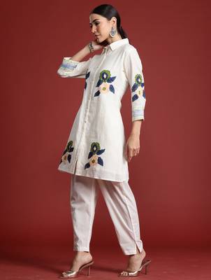 Off white printed pure cotton kurta trouser set 2
