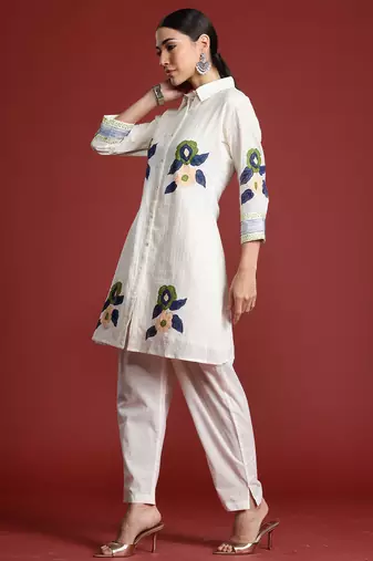 Off white printed pure cotton kurta trouser set